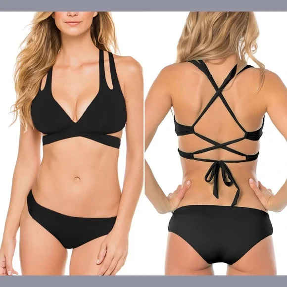 Becca Color Code Surplice Wrap bikini top and bottom black size medium D Swim - Picture 1 of 12